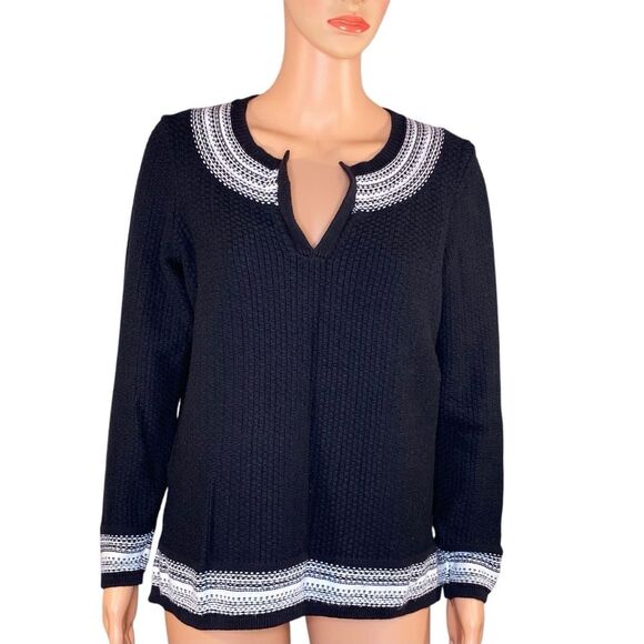 Ann Taylor Loft Black White Knit Sweater Womens Size Small Split Neck - Picture 1 of 5